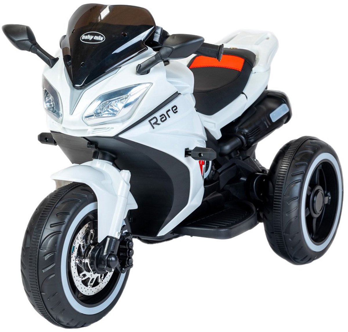 Baby Mix - Kinderdriewieler - Elektrische motorfiets - Wit met zwarte accenten - Sportief design met schijfremmen - Geschikt voor jonge kinderen - Zadel met oranje accent - Stabiele achterwielen Accuvoertuig kopen online