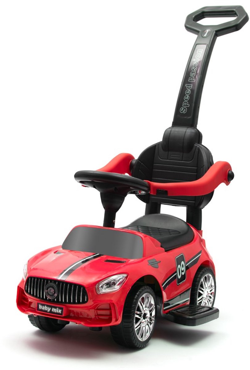 Baby Mix - Kinderloopauto - Glanzende rode uitvoering - Ergonomische duwstang - Racenummers en striping - Veiligheidsrugleuning - Speelplezier - Loopauto - Sportauto - Kinderwagen - Bouncer - Duwauto Loopauto kopen online