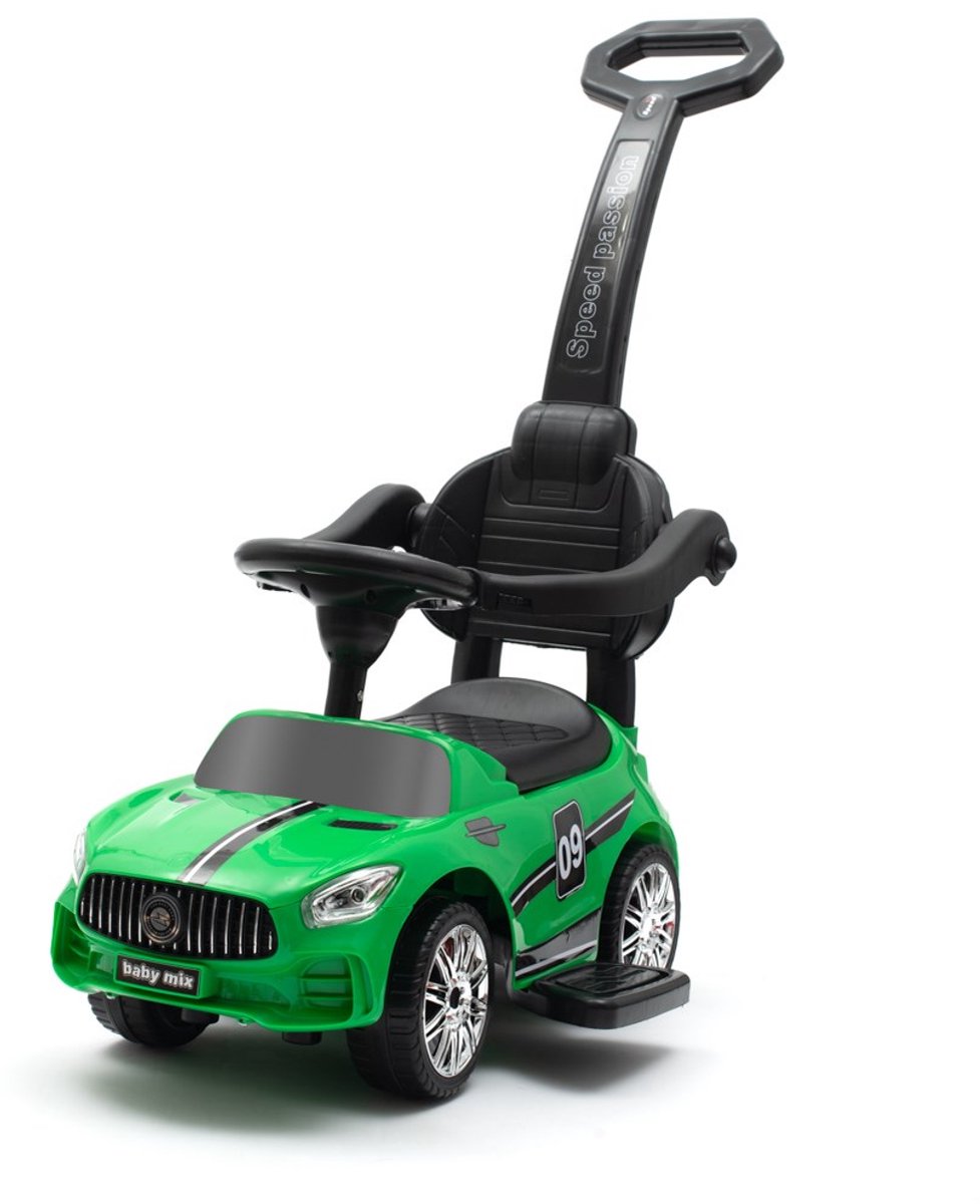 Baby Mix - Kindervoertuig - Felgroen speelgoedauto - Duwstang - Voetsteun en zilverkleurige wielen - Veiligheidsbeugel - Kinderauto - Loopauto - Duwauto - Speelgoedauto - Buitenspeelgoed Loopauto kopen online