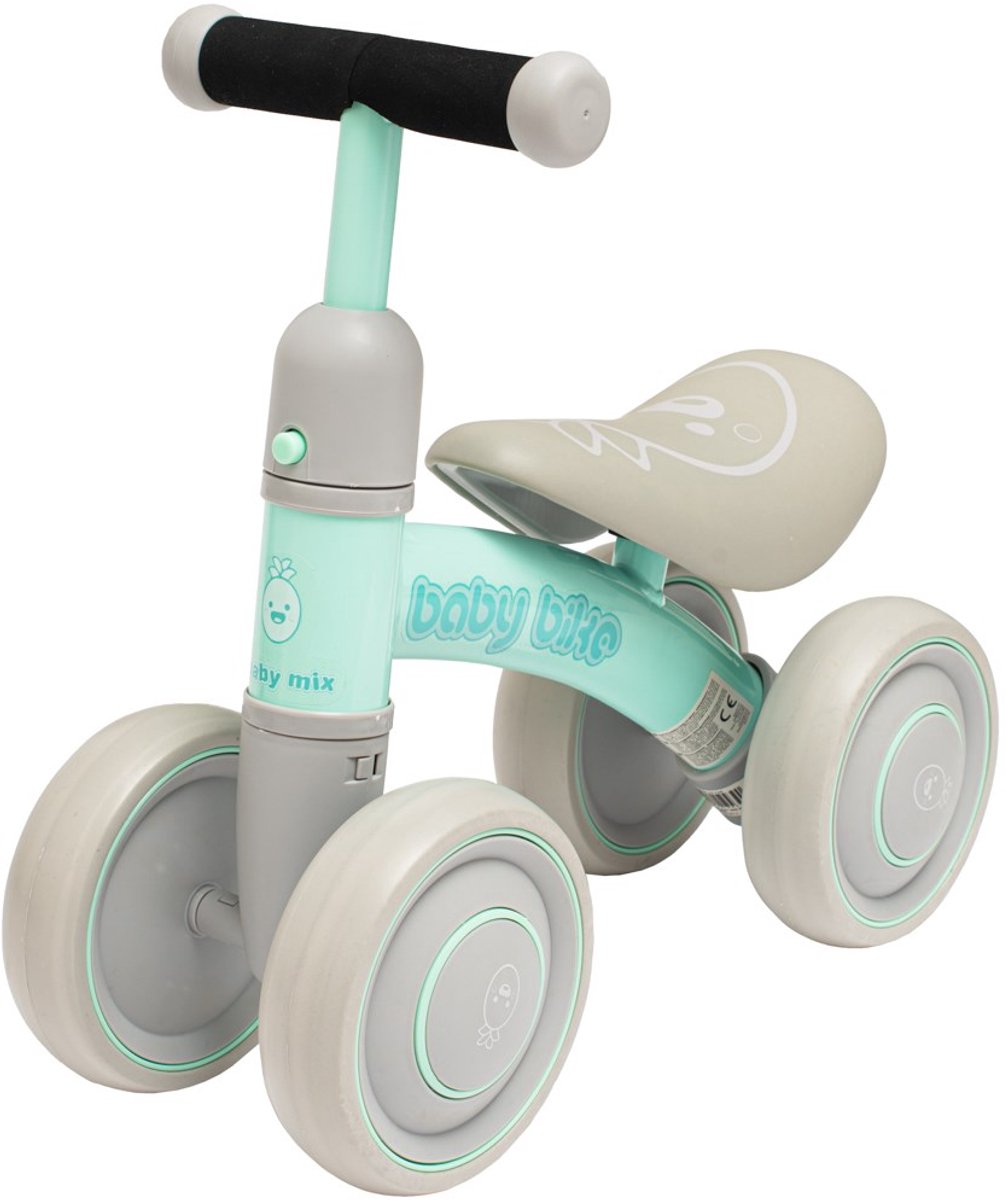 baby mix loopfiets lichtgroen ergonomisch zadel 4 wielen baby bike fietsje peuterfiets kinderen loopfietsen stabiliteit