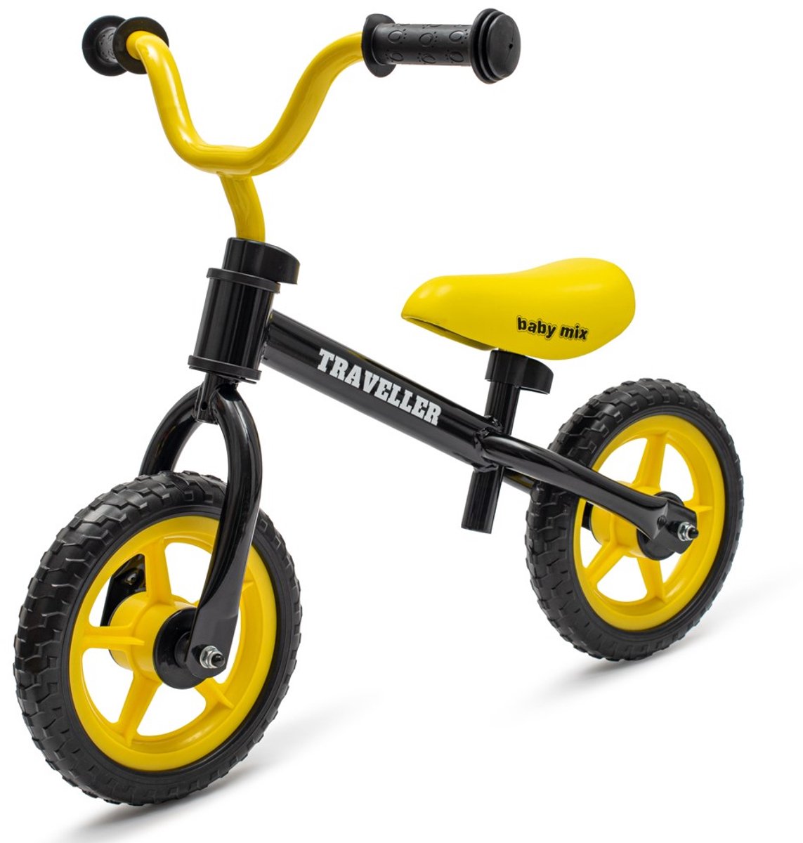 baby mix loopfiets zwart geel ergonomisch stuur antislip handvatten voor balanstraining kinderen peuterfiets balance bike fiets zonder pedalen loopfiets voor kids