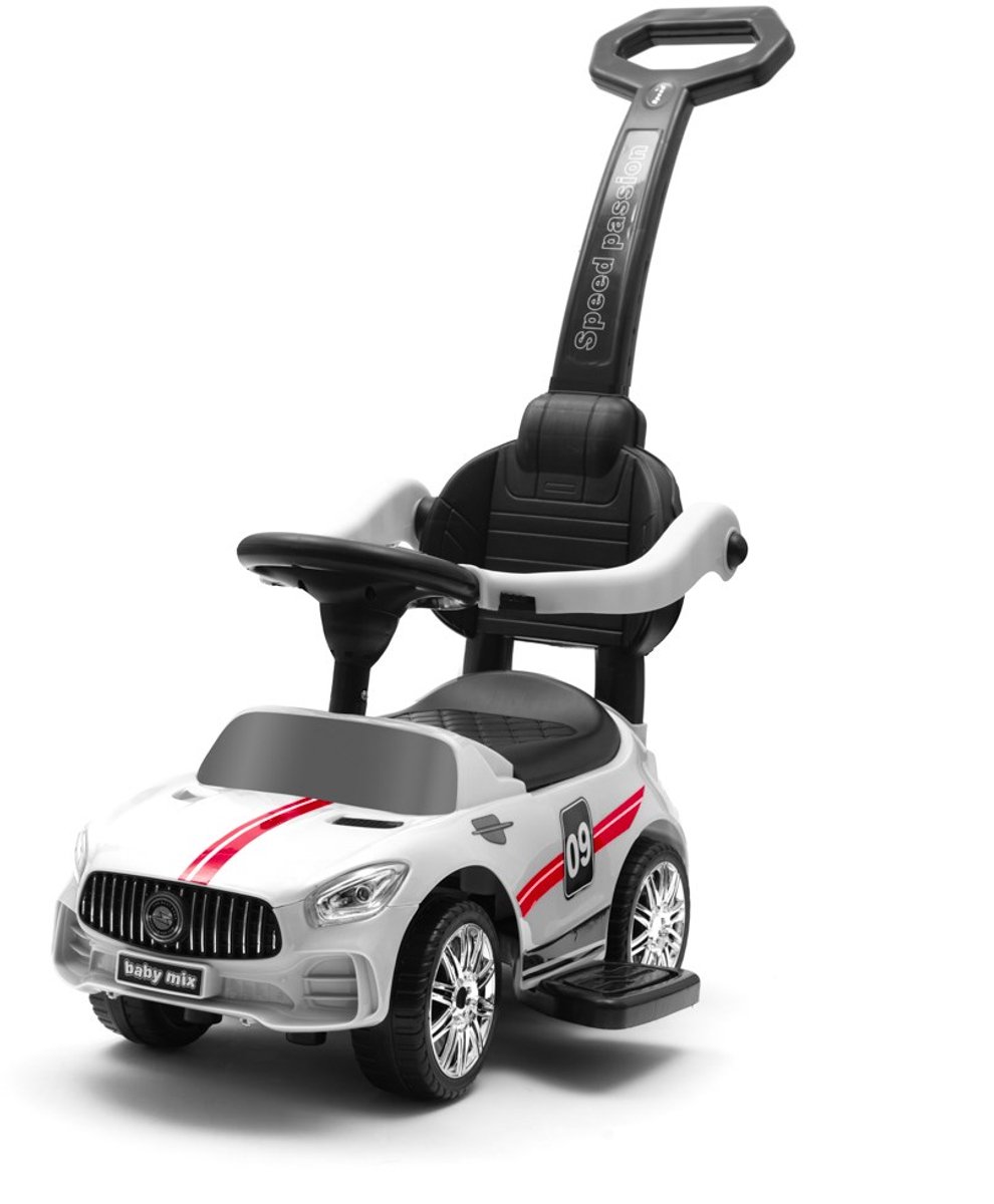 Baby Mix - Speelgoedauto - Sportieve racewagen - Wit met grijze en rode accenten - Inclusief duwstang en veiligheidssteun - loopauto - schommelauto - kinderauto - raceauto - speelvoertuig Loopauto kopen online