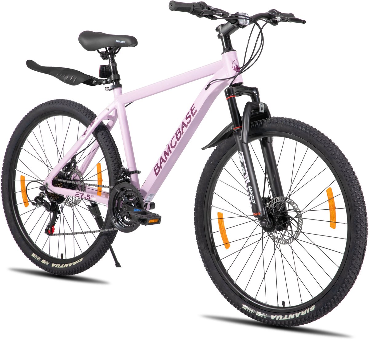 Bamcbase Sedona voorvering mountainbike - 26" - aluminium frame - 21 versnellingen - handrem - mechanische schijfremmen - Bell - spatborden - paars Fiets kopen online