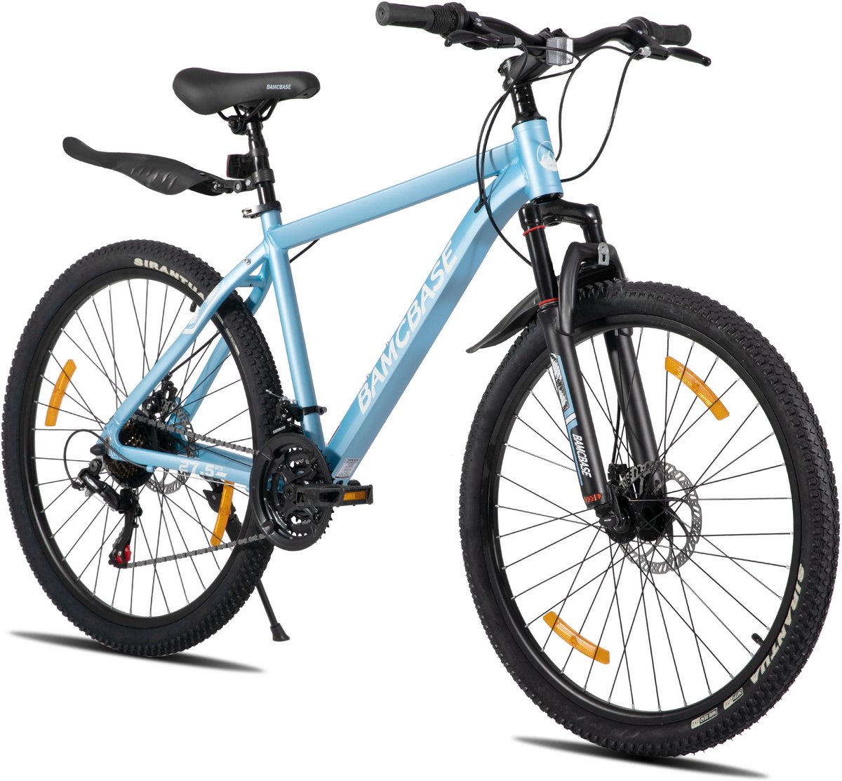 bamcbase sedona voorvering mountainbike 27 5 aluminium frame 21 versnellingen handrem mechanische schijfremmen bell spatborden blauw