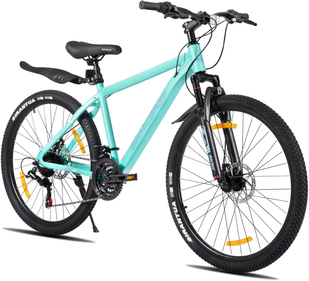 bamcbase sedona voorvering mountainbike 27 5 aluminium frame 21 versnellingen handrem mechanische schijfremmen bell spatborden groen