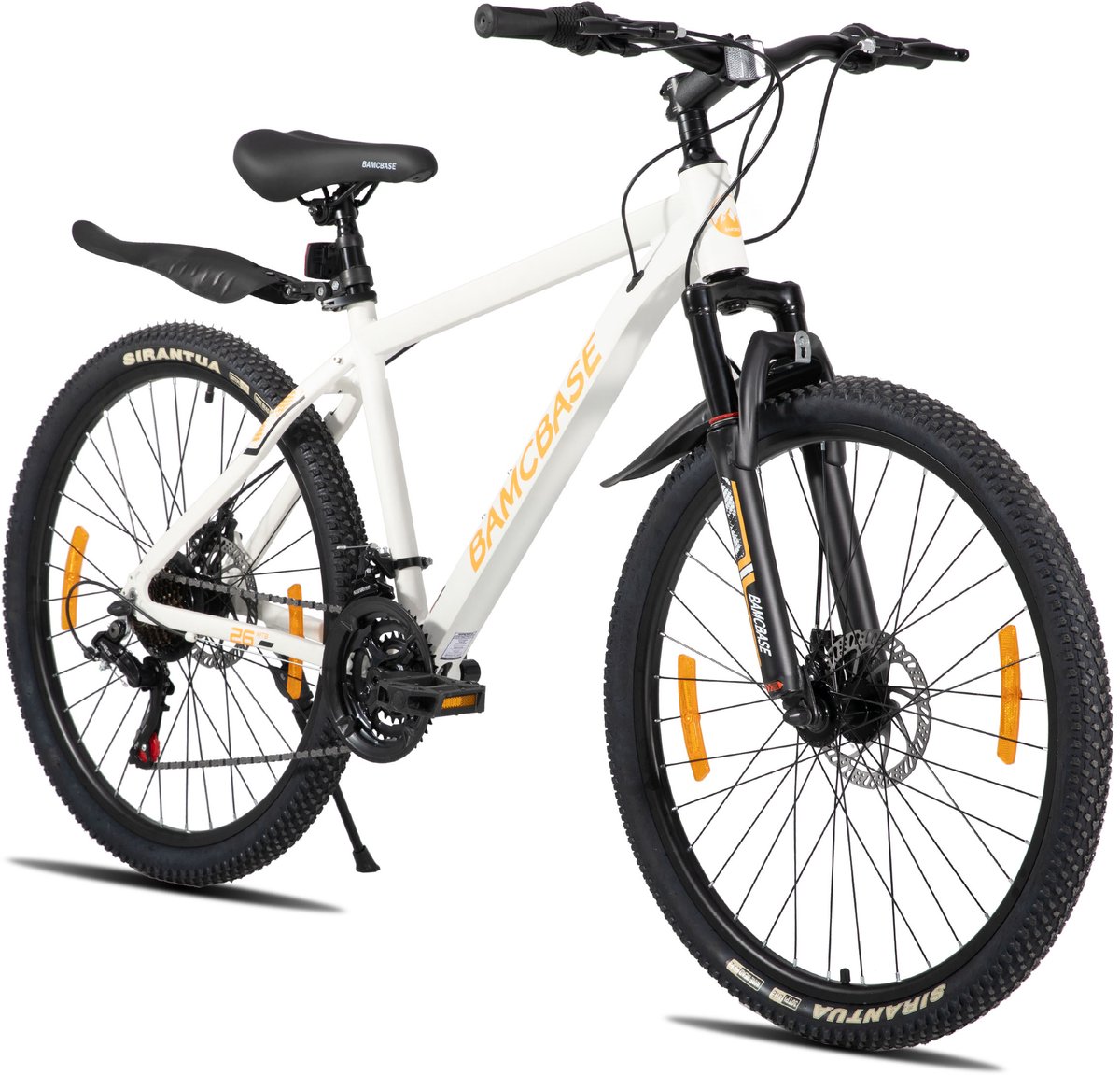 Bamcbase Sedona voorvering mountainbike - 27.5" - aluminium frame - 21 versnellingen - handrem - mechanische schijfremmen - Bell - spatborden - wit Fiets kopen online