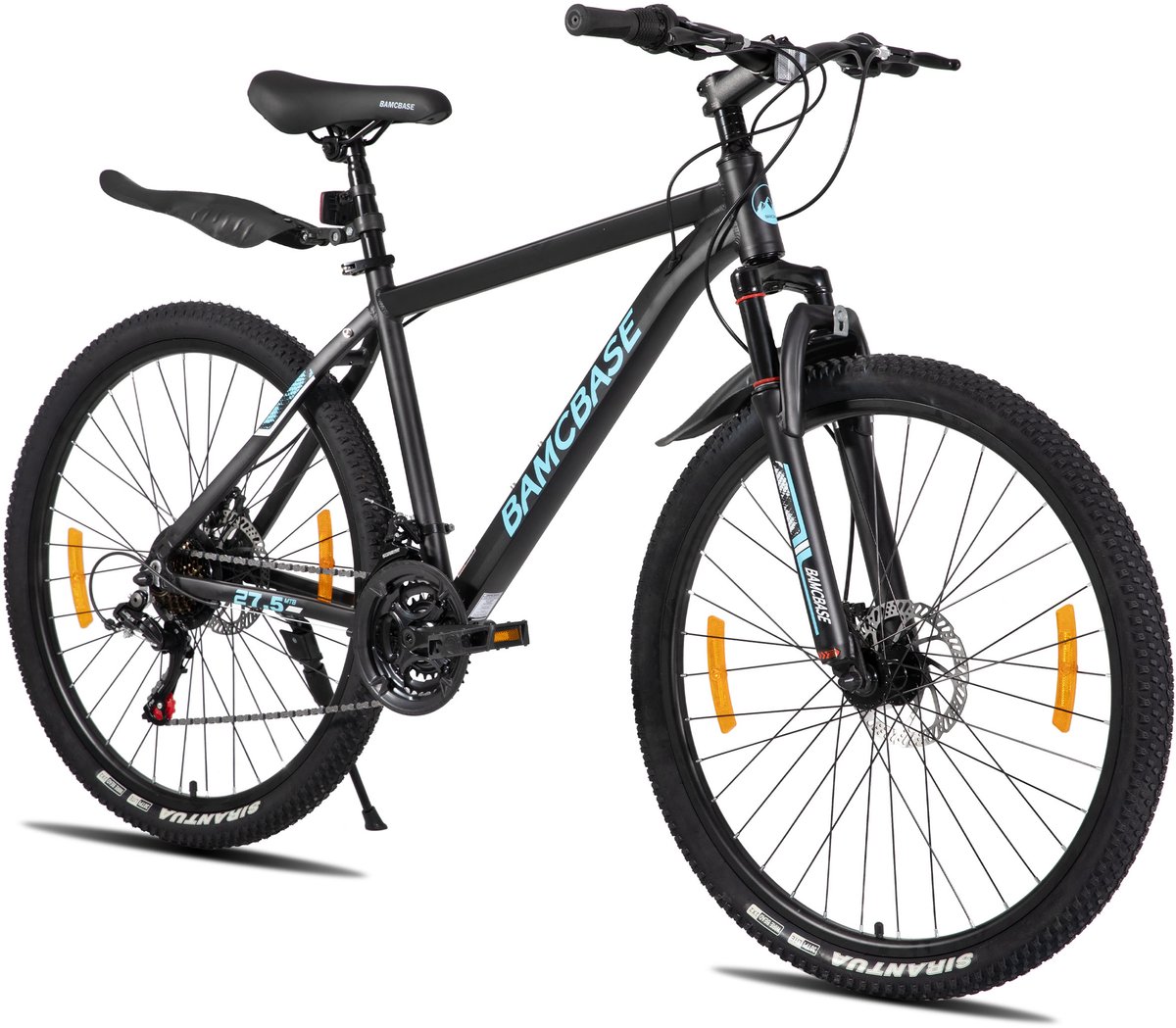 bamcbase sedona voorvering mountainbike 27 5 aluminium frame 21 versnellingen handrem mechanische schijfremmen bell spatborden zwart