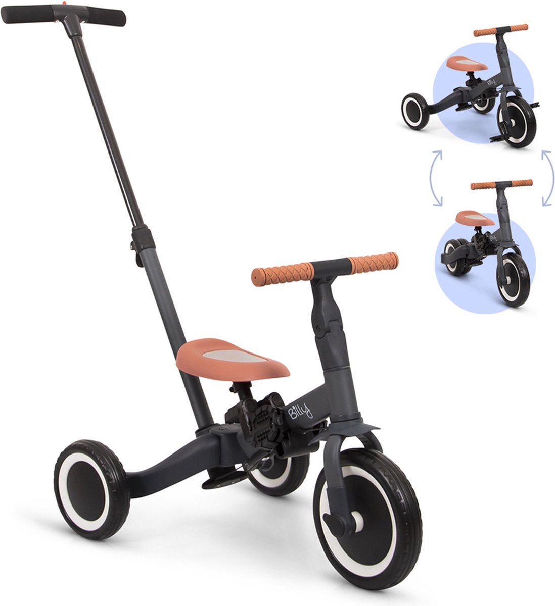 Billy 4 in1 Driewieler met duwstang - Kinderfiets - Loopfiets - Balance Bike - Gio - Grijs Driewieler kopen online
