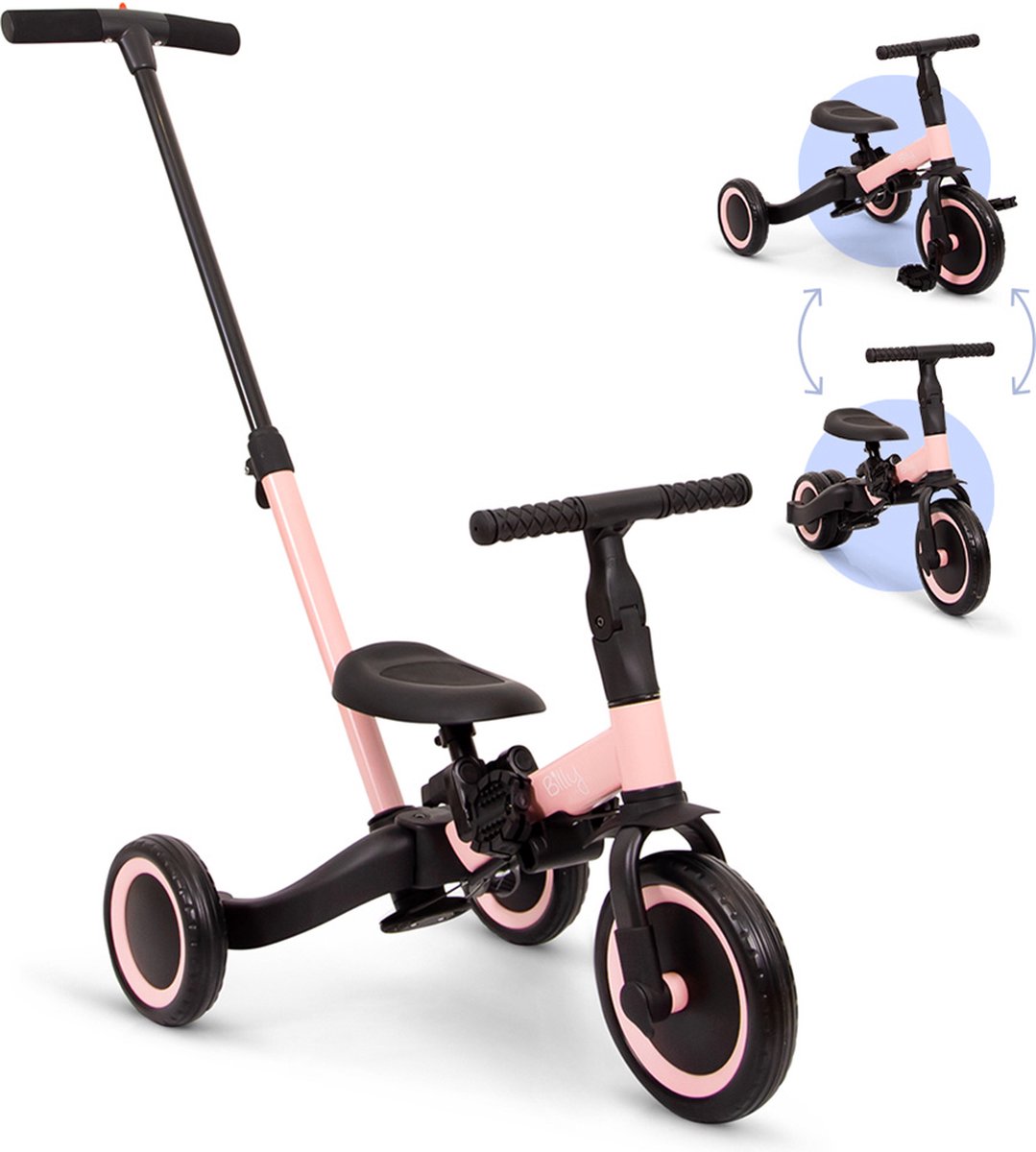 Billy 4 in1 Driewieler met duwstang - Kinderfiets - Loopfiets - Balance Bike - Gio - Roze Driewieler kopen online
