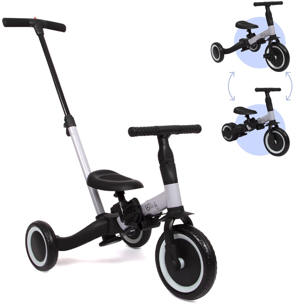 Billy 4 in1 Driewieler met duwstang - Loopfiets - Kinderfiets - Balance Bike - Gio - Zwart-Grijs Driewieler kopen online