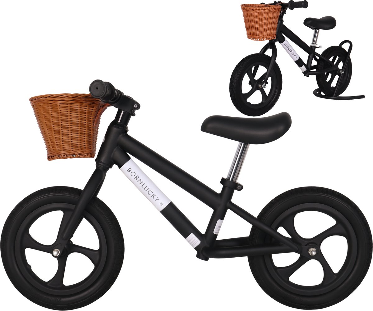 born lucky loopfiets met fietsmand vanaf 2 jaar 12 inch massieve banden verstelbaar zadel stuur zwart