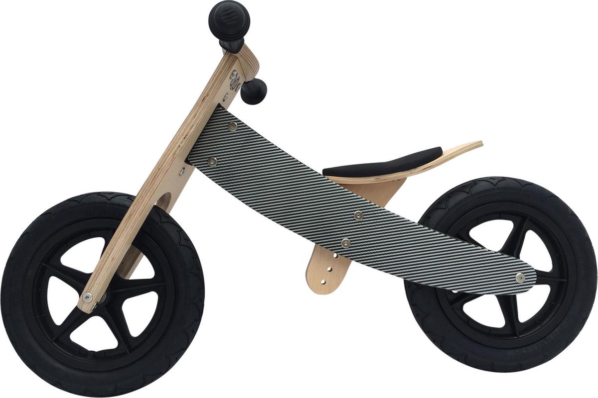 Broozzer luxe houten loopfiets CARBON FIBRE met ABEC 9 lagers en SPECIAAL gevulde rubberen luchtwielen 12 inch Zwart / Wit / Carbon Loopfiets kopen online