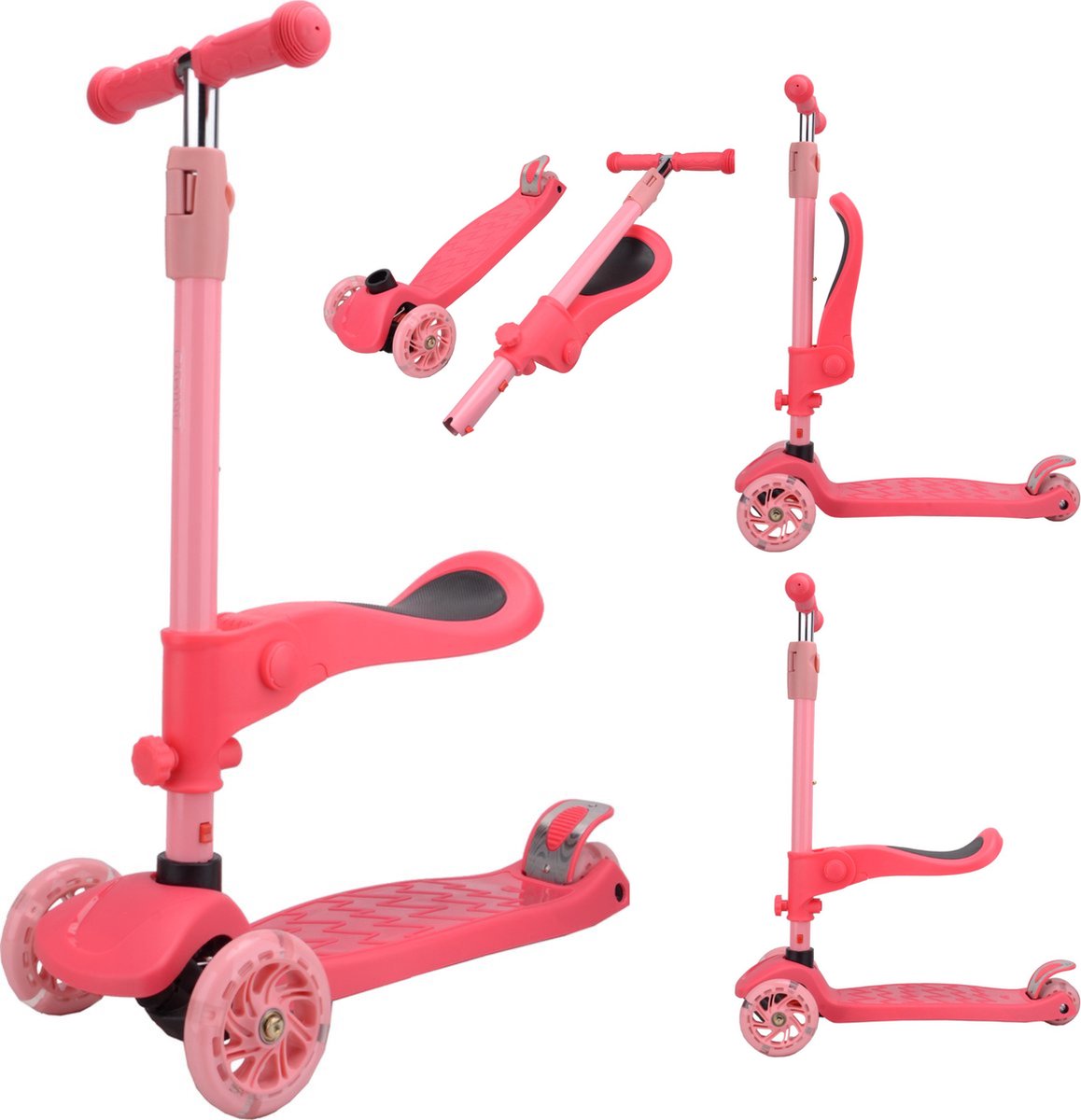 Cabino Kinderstep Met 3 Wielen Inklapbaar & Met Zitting (Vanaf 2 Jaar) Lichtgevende Wielen - Roze Step kopen online