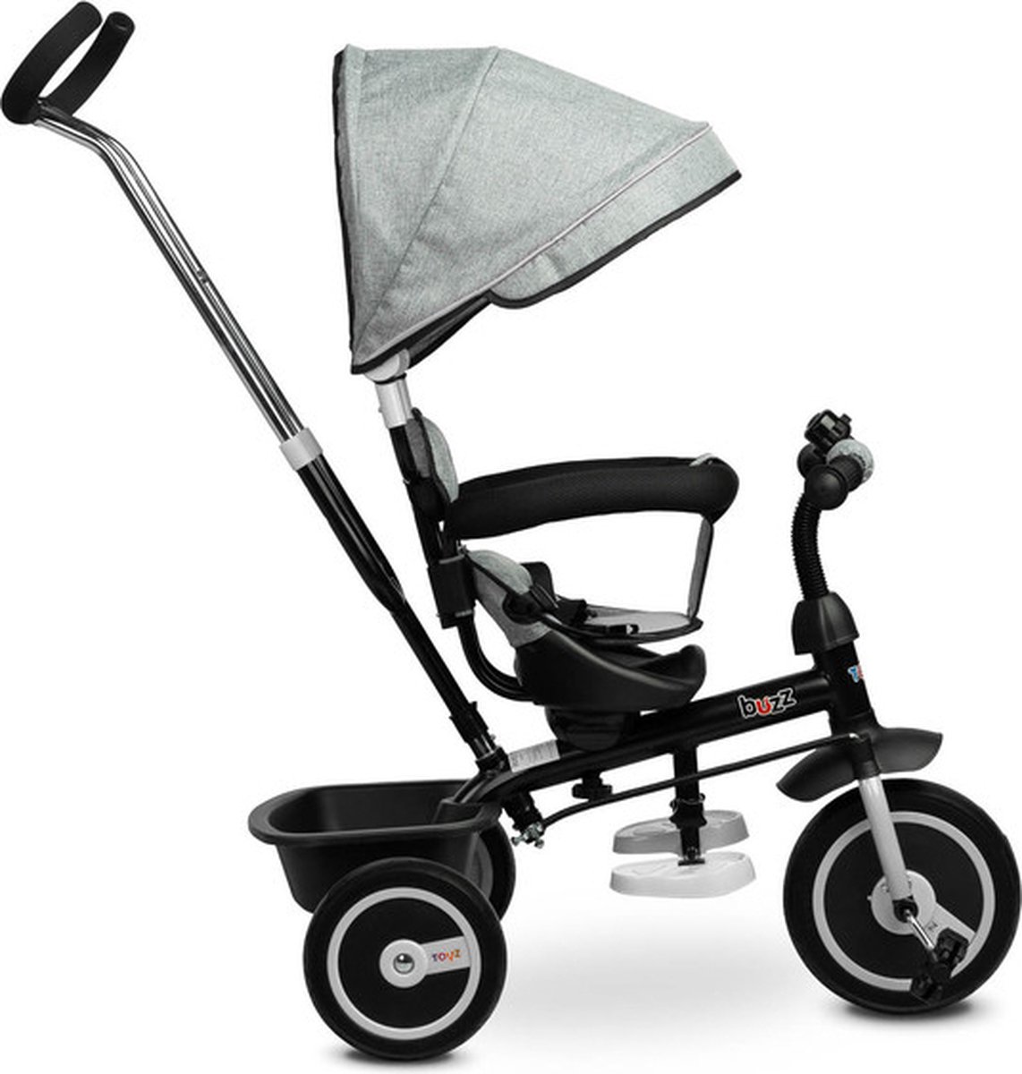 caretero toyz buzz driewieler grijs driewieler met duwstang verstelbare voetsteun zonnekap mand voor speelgoed driewieler peuter