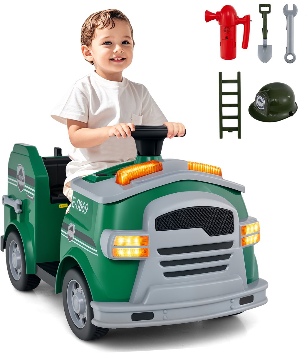 COSTWAY 12 V brandweerglijauto, kinderbrandweerauto met claxon, schep, brandblusser, veiligheidshelm en moersleutel, glijvoertuig met muziek en alarm, speelgoedauto voor kinderen vanaf 3 jaar (groen) Accuvoertuig kopen online