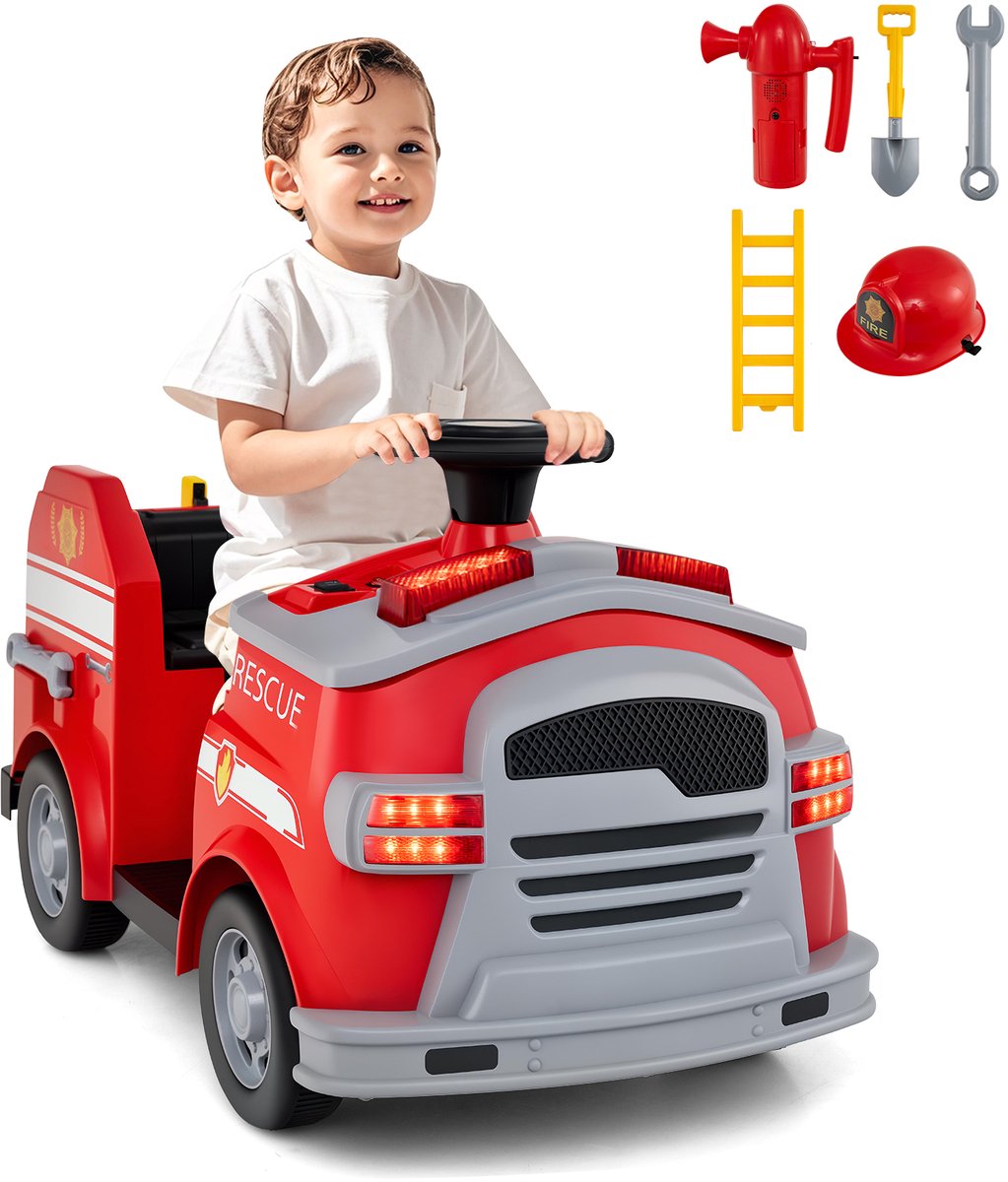 COSTWAY 12 V brandweerglijauto, kinderbrandweerauto met claxon, schep, brandblusser, veiligheidshelm en moersleutel, glijvoertuig met muziek en alarm, speelgoedauto voor kinderen vanaf 3 jaar, rood Accuvoertuig kopen online