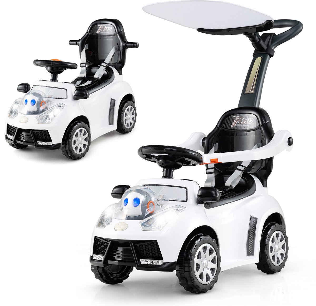 COSTWAY 3-in-1 auto met schuifstang, glijvoertuig met claxon, muziek, licht en veiligheidsgordel, schuifwagen met opbergruimte, afneembare beschermbeugel, glijbaan voor kinderen vanaf 1 jaar (wit) Accuvoertuig kopen online