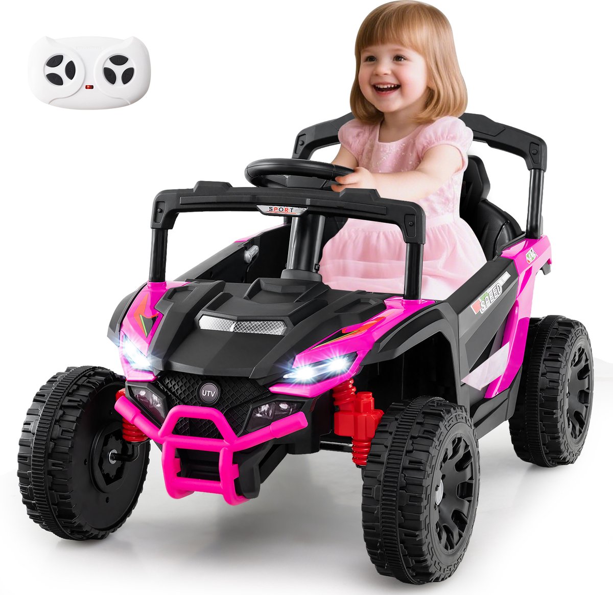 costway elektrische auto voor kinderen 12 v elektrische utv truck met afstandsbediening 3 snelheden ledverlichting muziek claxon en vering kinderauto kindervoertuig voor jongens en meisjes