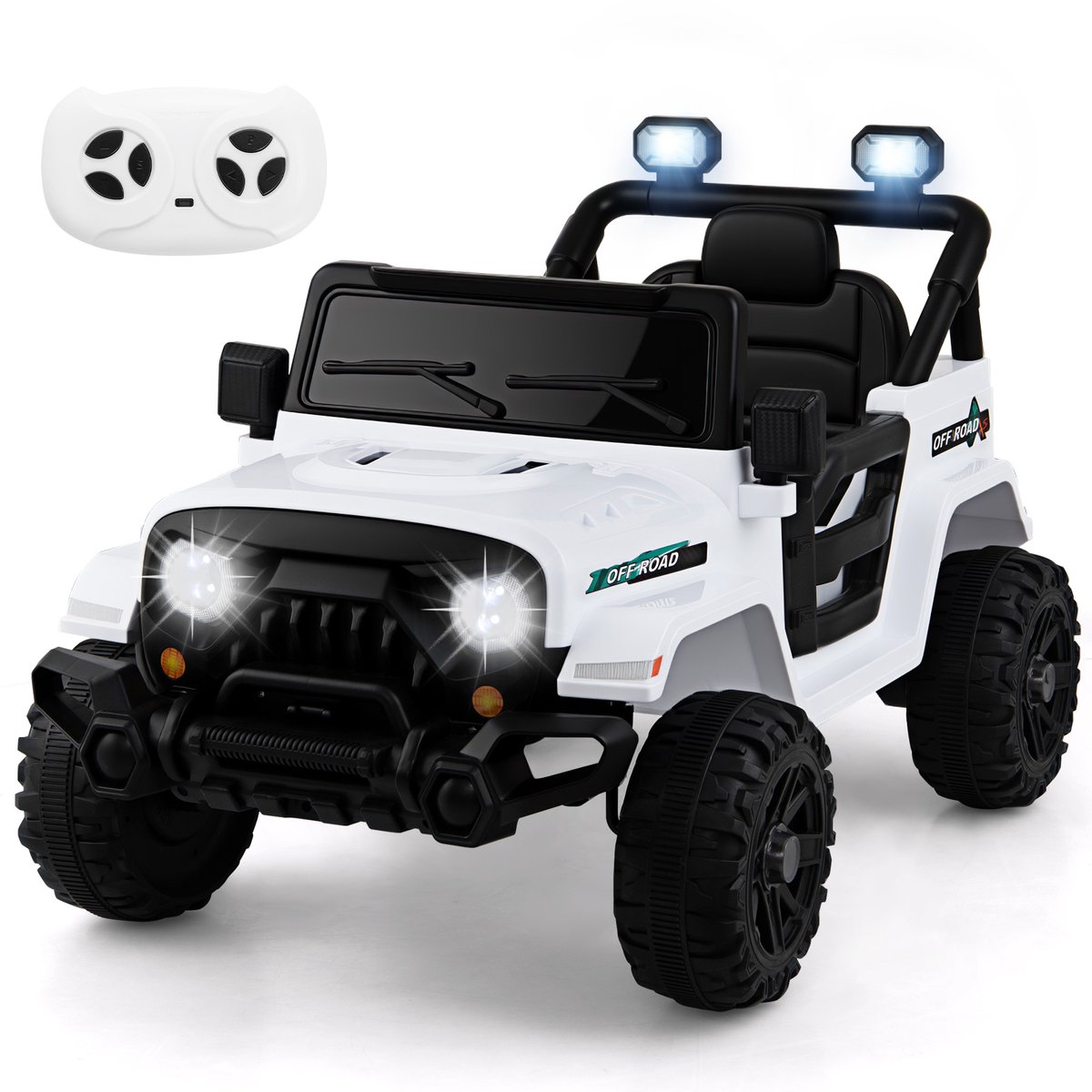 COSTWAY Elektrische kinderauto, 12 V, met 2,4 G afstandsbediening, ledverlichting, muziek en claxon, jeepauto voor kinderen vanaf 3 jaar, wit Accuvoertuig kopen online