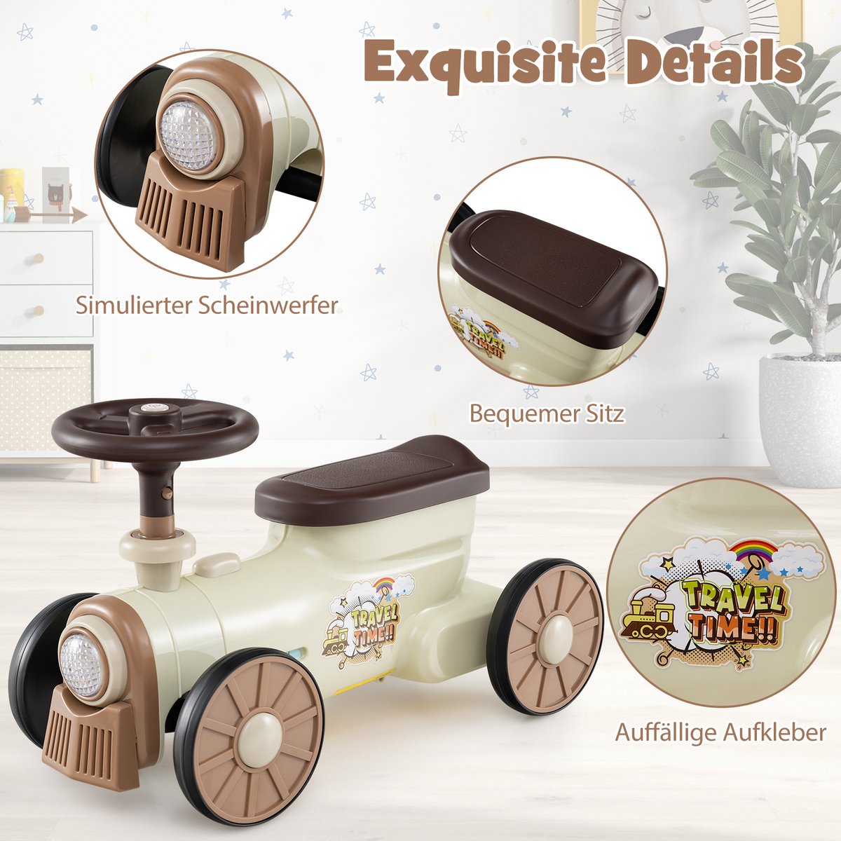 costway glijauto glijvoertuig met stuurwiel fluitknop en opbergruimte onder de zitting kinderauto voor jongens en meisjes vanaf 1 jaar 61 x 30 x 38 cm beige