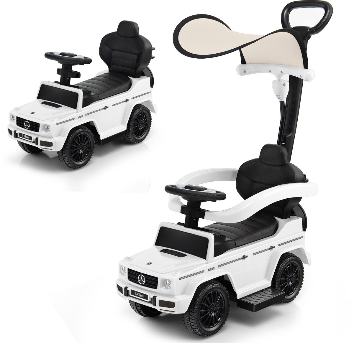 costway mercedes benz glijauto 3 in 1 glijbaan met zonnedak opbergruimte en afneembare beschermbeugel en duwstang glijvoertuig met motorgeluid en claxon voor kinderen vanaf 1 jaar wit