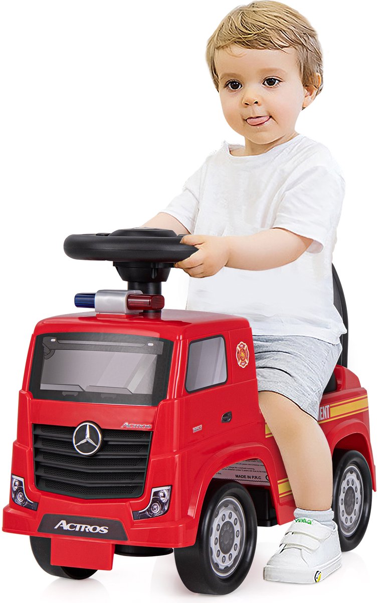 COSTWAY Mercedes Benz meerijdauto, duw-auto met opbergruimte & muziek & claxon & anti-tipper, kinder-brandweerauto met waarschuwingslicht voor kinderen vanaf 2 jaar, rood Accuvoertuig kopen online
