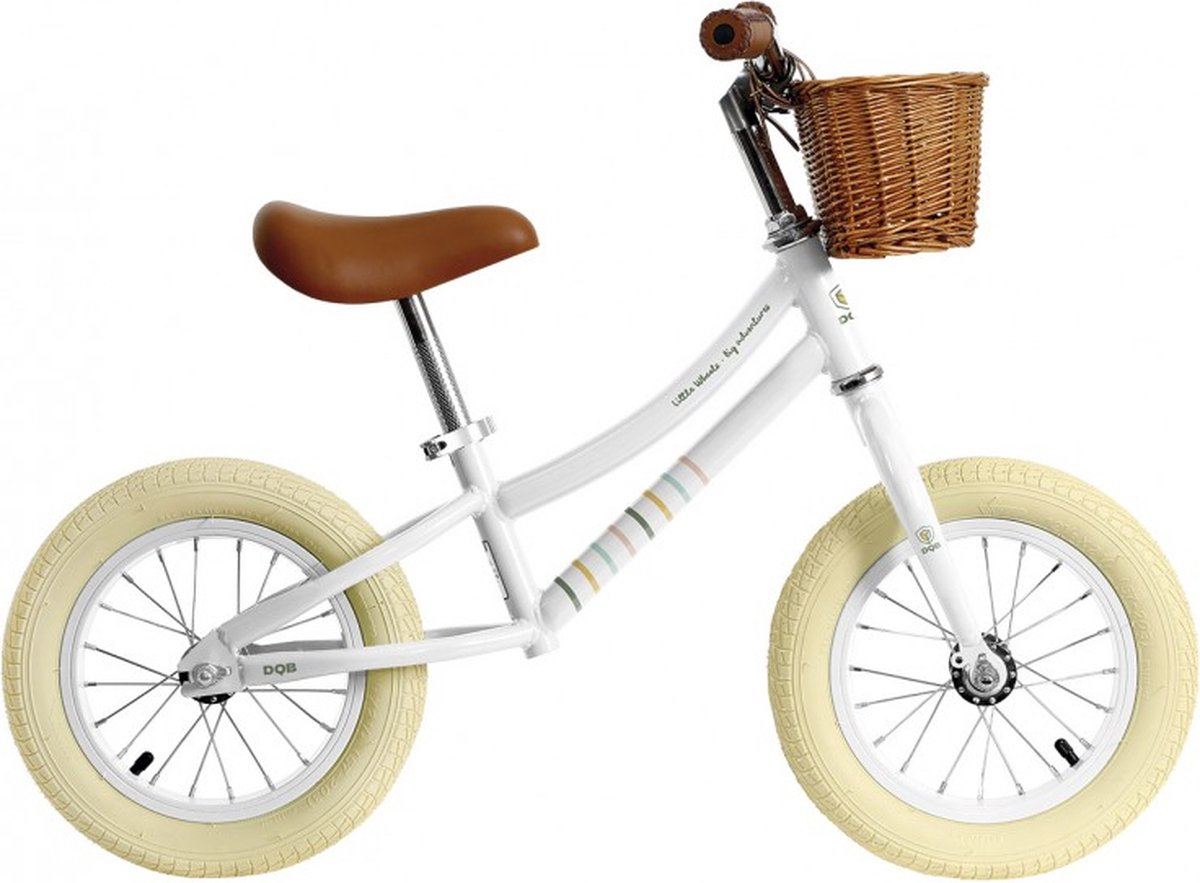 DeQube Loopfiets met Twee Wielen - Wit - Met Retro Mandje - Vanaf 2 Jaar - Inclusief Stickers en Bel - Vintage Design - 12 Inch - Met Handvatten van Leer Loopfiets kopen online