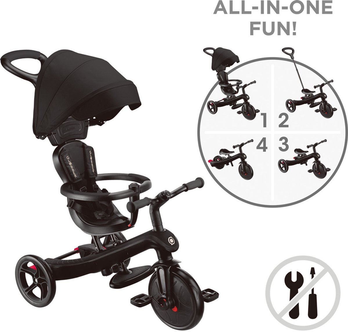 driewieler globber trike 4 in 1 in black zwart 4in1 converteerbaar met duwstang vanaf 10 maanden tot 5 jaar