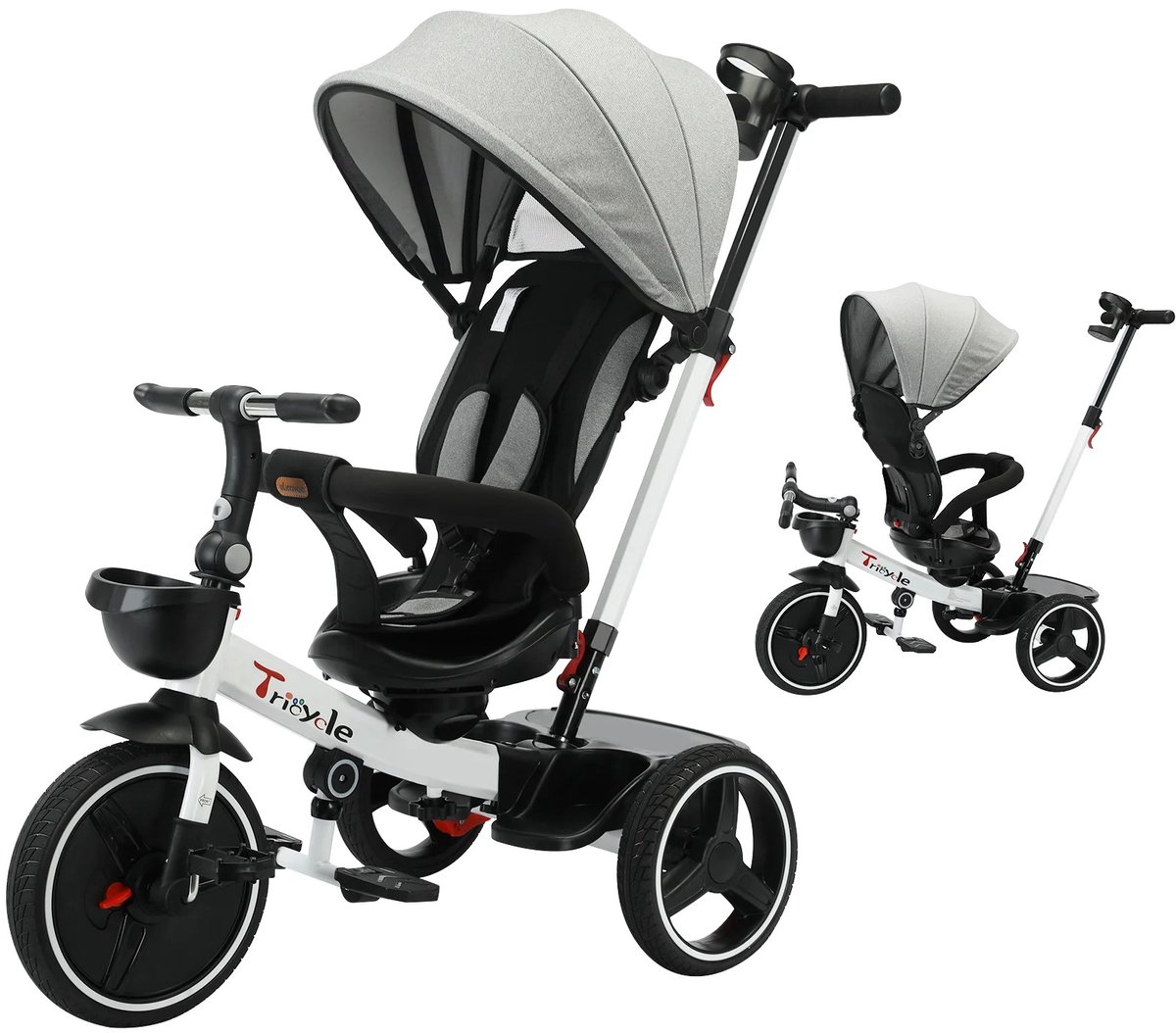 Driewieler - Kinderfiets - Kinderwagen - Loopwagen - Multifunctioneel - Met Duwstang - Afneembare Duwstang - Met Zonnescherm - Met Afneembare Veiligheidsbeugel - Grijs - Zwart Driewieler kopen online