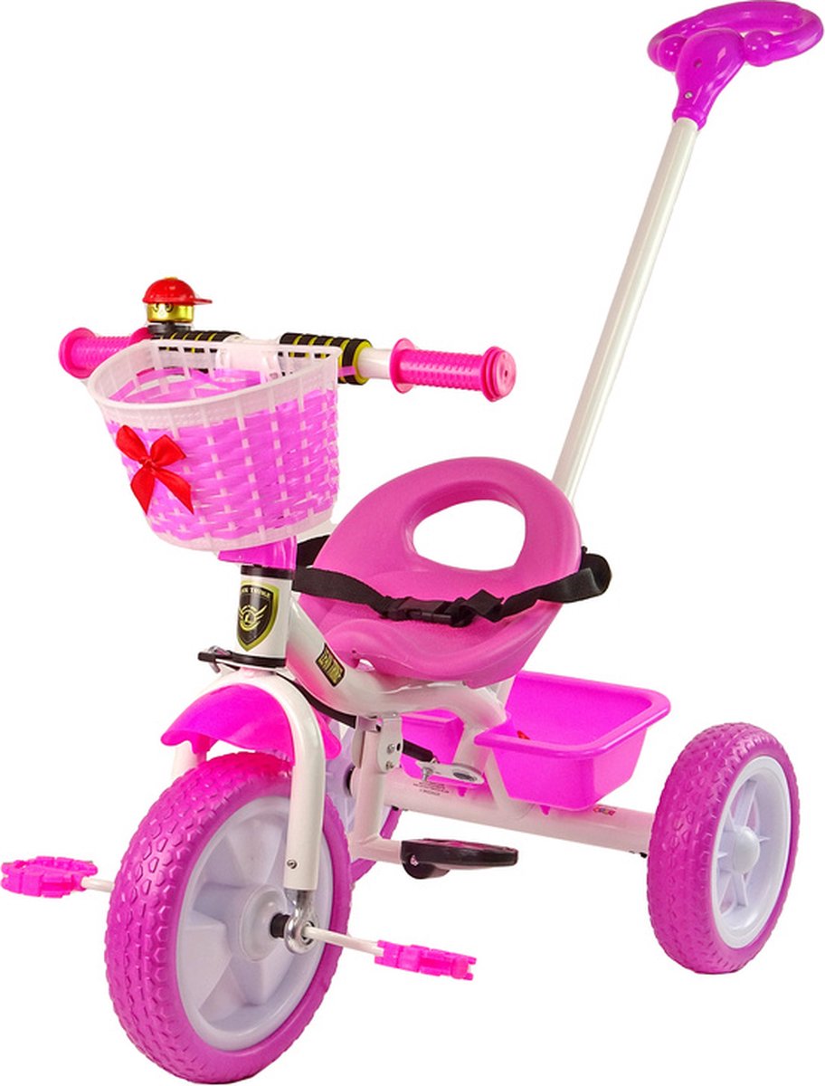 Driewieler - met duwstang en fietsmandje- 95x48x90cm - roze Driewieler kopen online