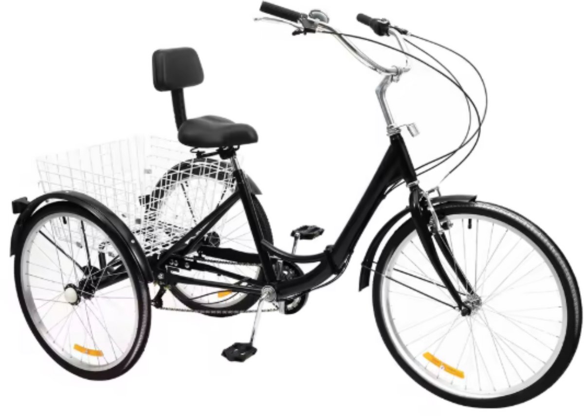 Driewieler Nevlo - 7 versnellingen - Fiets voor volwassenen en senioren - 24 Inch - Opvouwbare - Verstelbaar - Met mand - Voorrem - Zwart - 120KG Driewieler kopen online