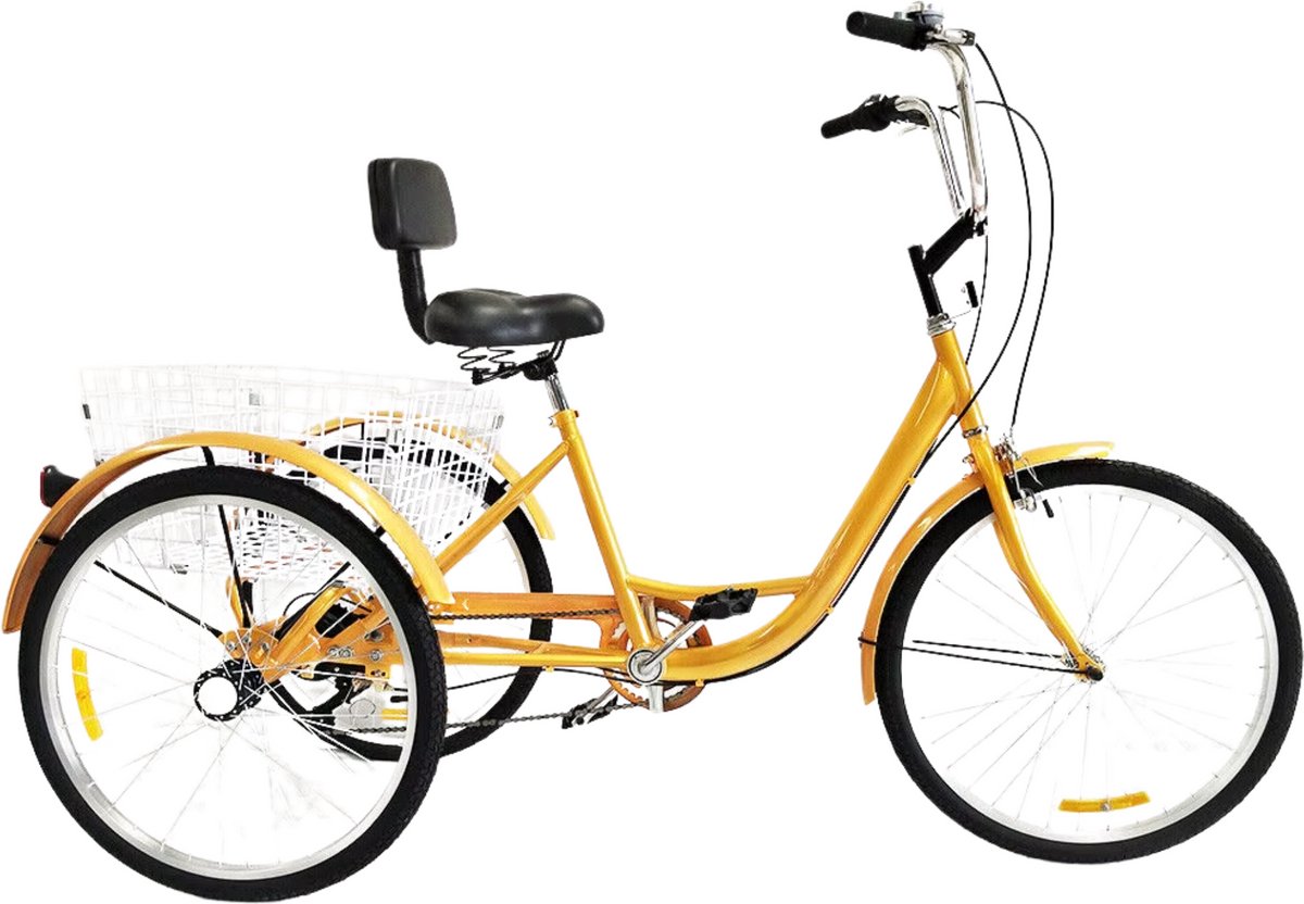 Driewieler voor volwassenen - 6 versnellingen - Fiets voor senioren - 24 Inch - Met mand - Voorrem - Geel Driewieler kopen online
