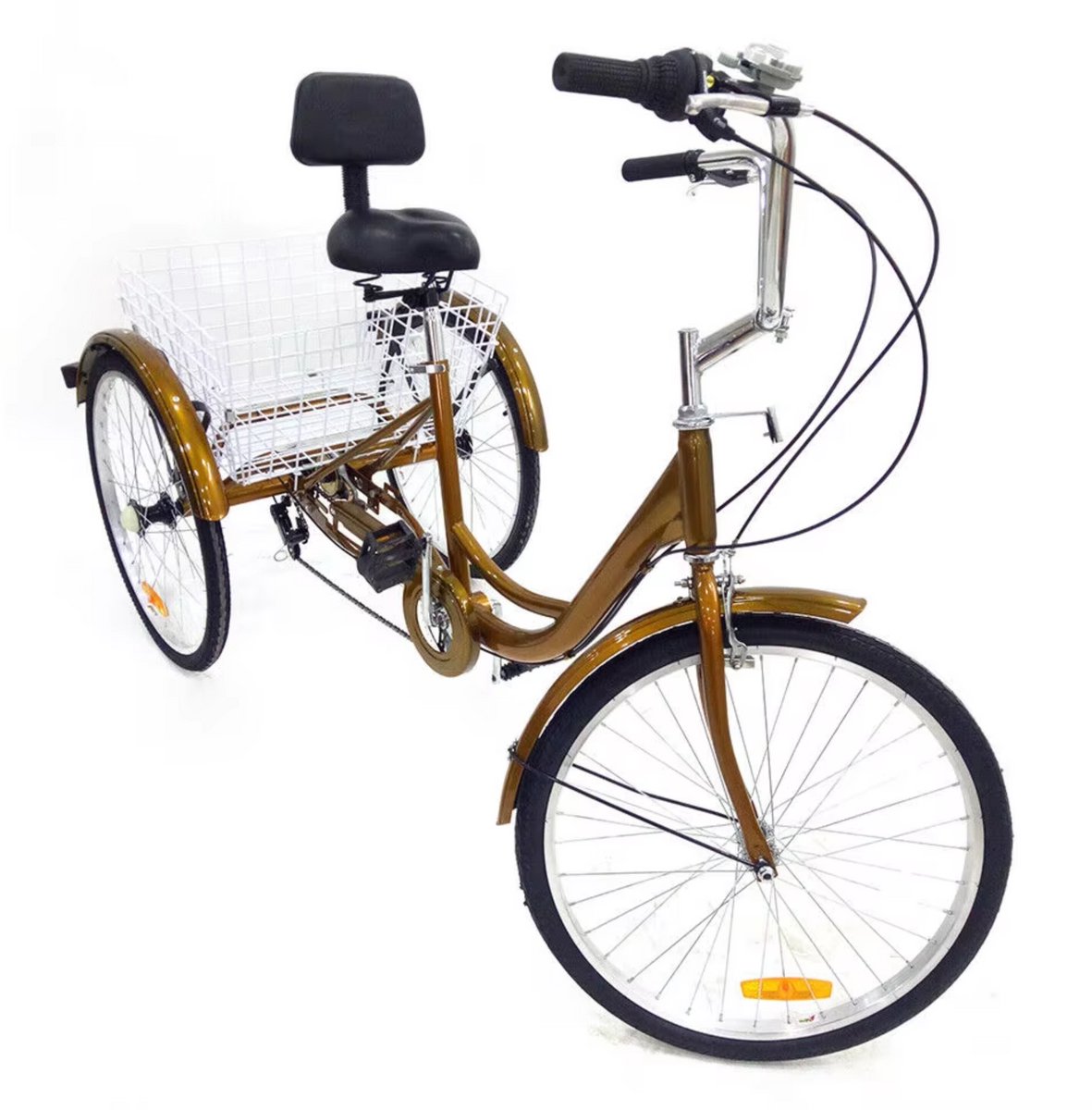 Driewieler voor volwassenen - 6 versnellingen - Fiets voor senioren - 24 Inch - Met mand - Voorrem - Goud Driewieler kopen online