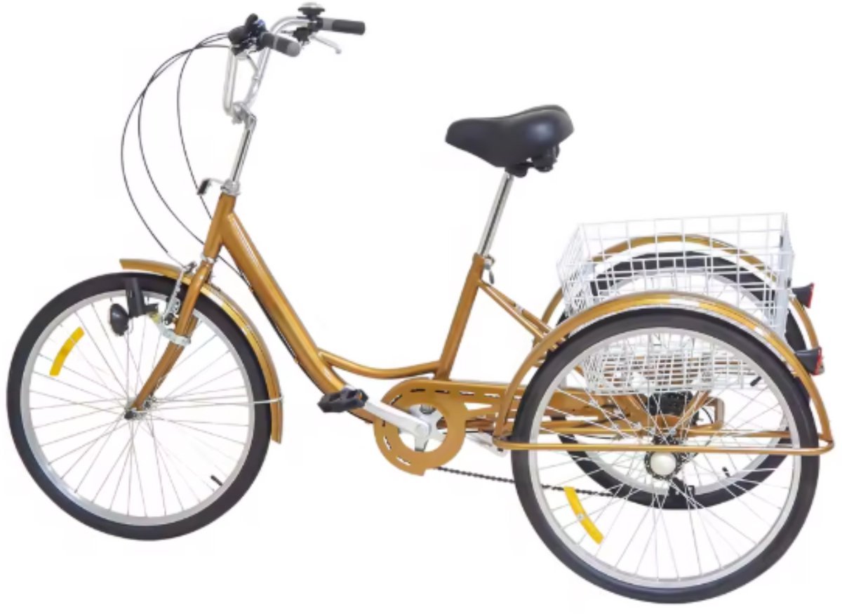 Driewieler Vortex 6 versnellingen - Fiets voor volwassenen en senioren - 24 Inch - Opvouwbare Trike - Met mand - Voorrem - Goud Driewieler kopen online