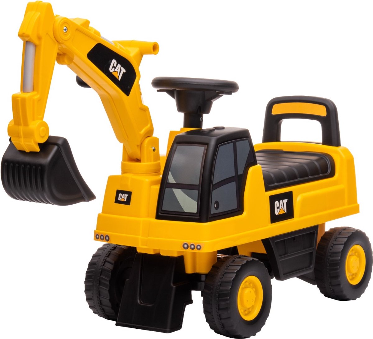 eco toys cat graafmachine loopauto geel zwart beweegbare arm claxon vanaf 12 maanden max 25 kg