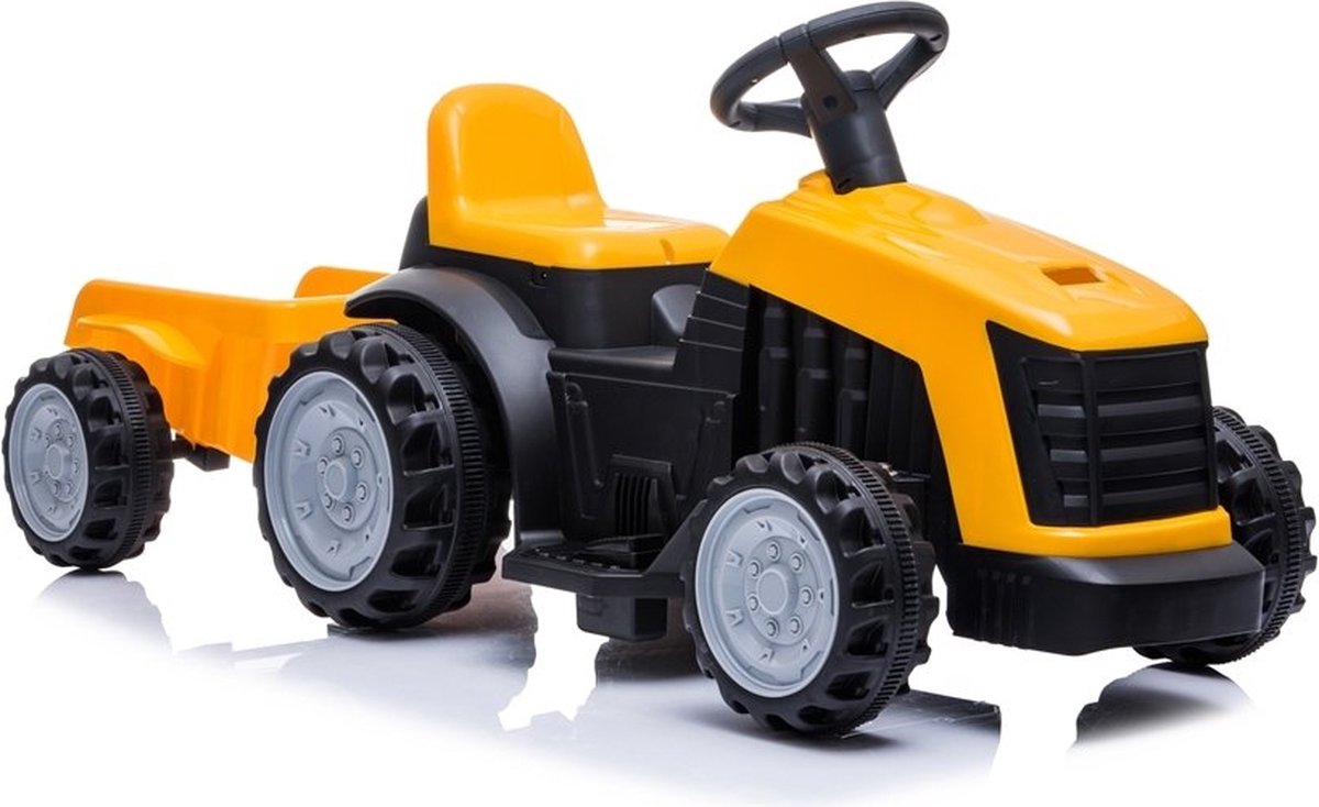 elektrische kinder tractor geel met trailer accu voertuig voor kinderen tot 25kg max 2 4km h inclusief aanhanger 6v voor en achteruit remt automatisch al gas word losgelaten