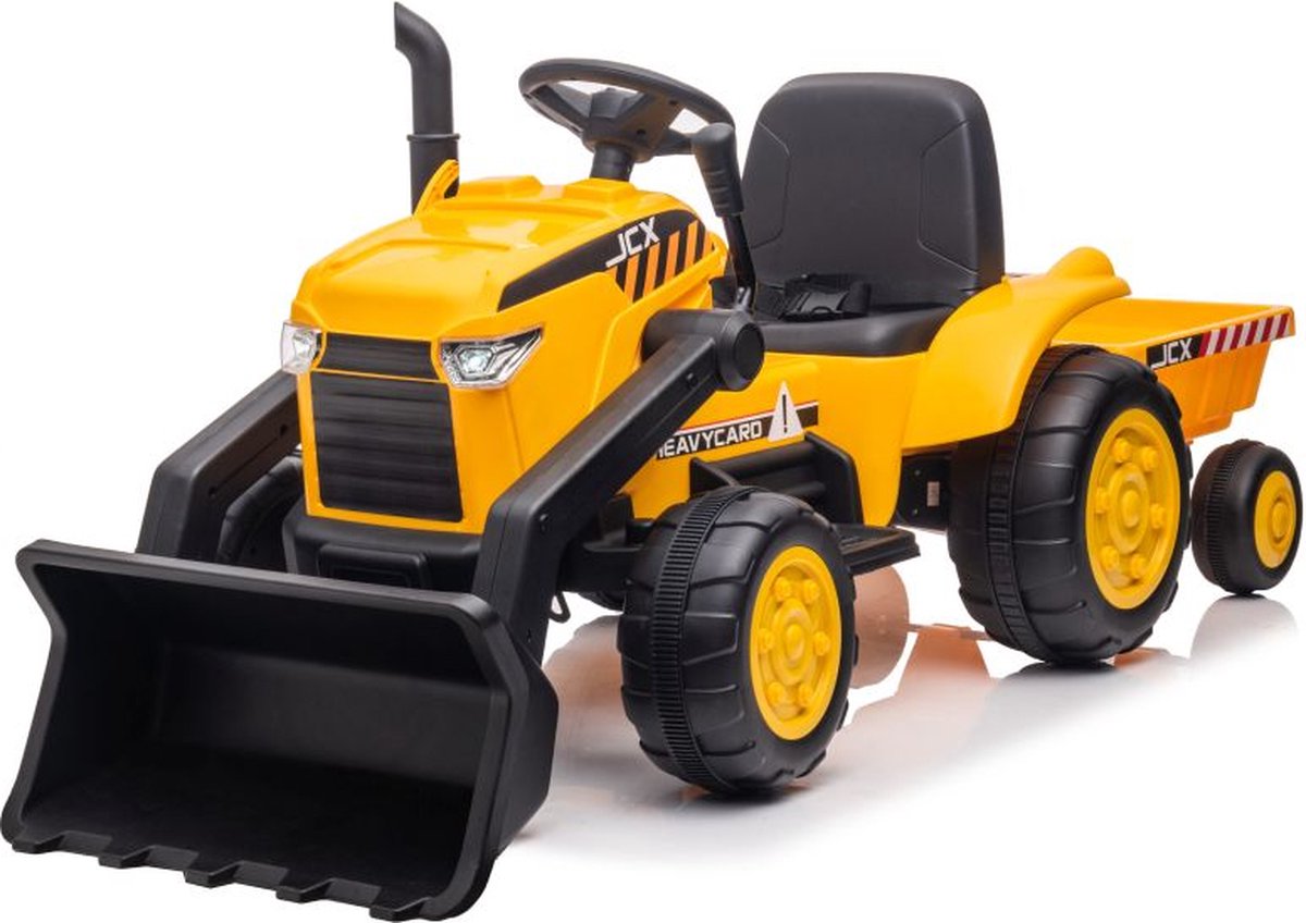 elektrische kinder tractor met voorlader en trailer accu tractor voor kinderen tot 30kg max 2 5 3 5km h geel inclusief aanhanger bulldozer 12v