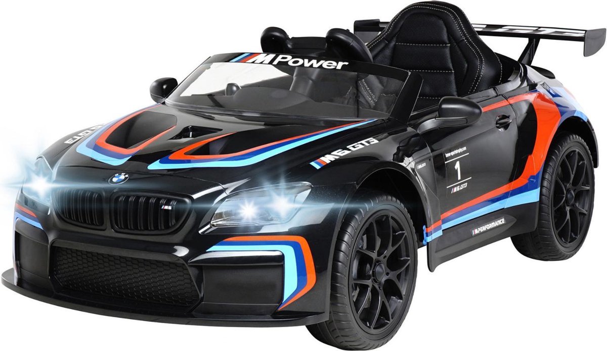 elektrische kinderauto bmw m6 gt3 met leren stoel en rubber banden en met afstandsbediening en met ventilatie
