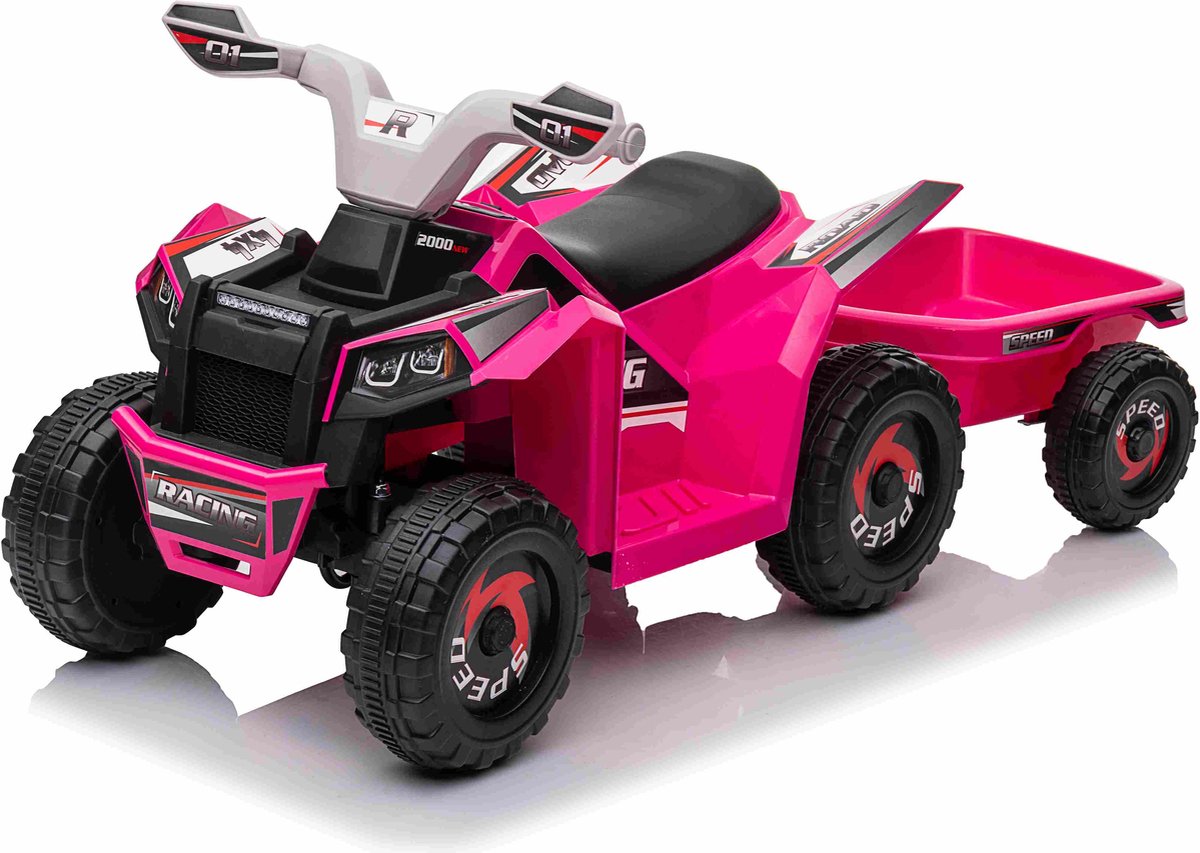 Elektrische kinderquad - Met aanhanger - 6V 7AH - Accuvoertuigen - Elektrische kinder motor - 3-7km/u - 2 tot 4 jaar - Roze Accuvoertuig kopen online
