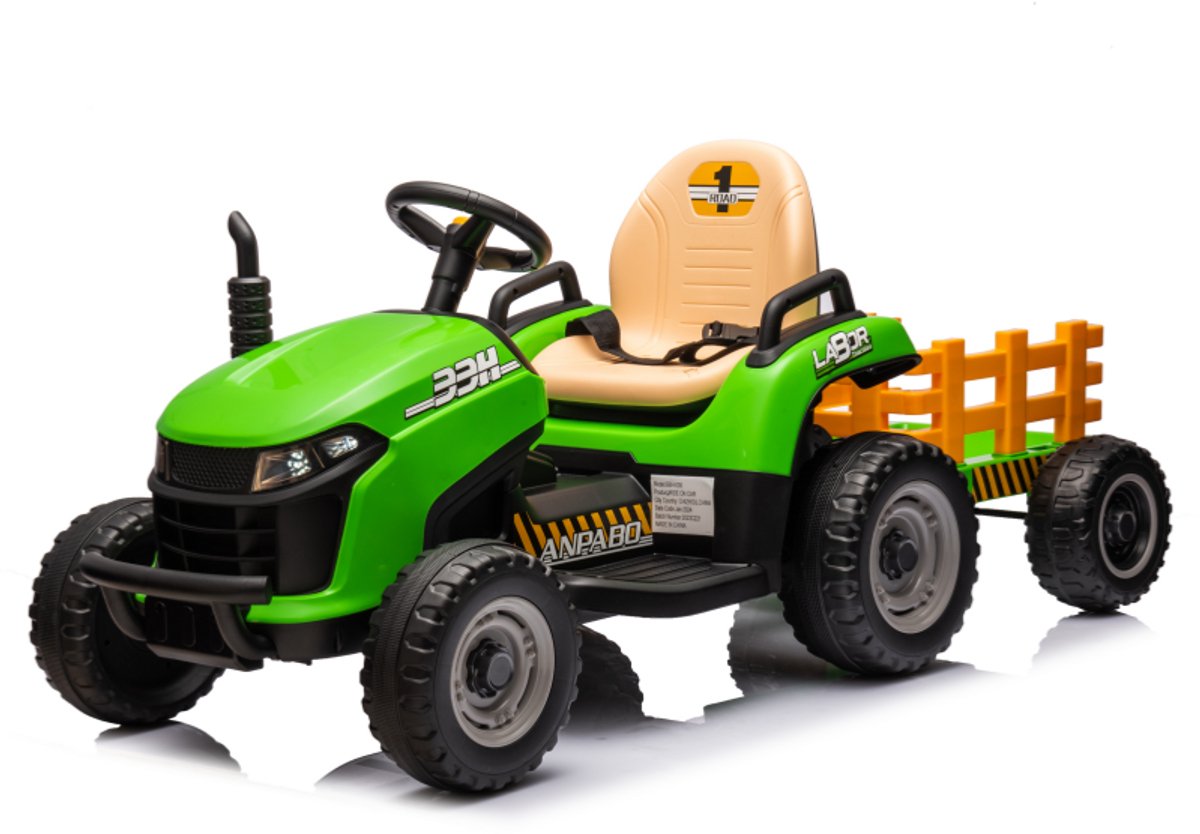 elektrische kindertractor 12v accu groen met aanhanger kunstleren zitting led verlichting muziekfunctie eva rubberen banden