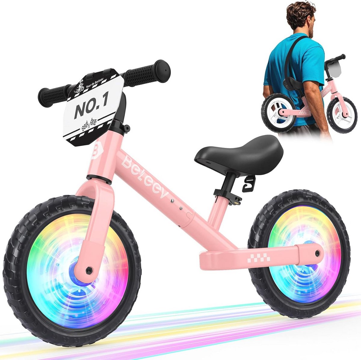 Evenwichtsvoetfiets voor Peuters - 12 Inch Fiets met LED Verlichting, Verstelbaar Stuur en Zadel, Voor Training Leeftijd 2-6 Jaar - Roze Kinderfiets kopen online