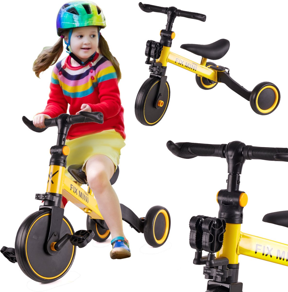 Fix Mini 3 in 1 driewieler trike met pedalen - tot 30kg - van 1,5 - 4 jaar oud - geel  zwart - loopfiets - goed voor de ontwikkeling - aluminium frame Driewieler kopen online