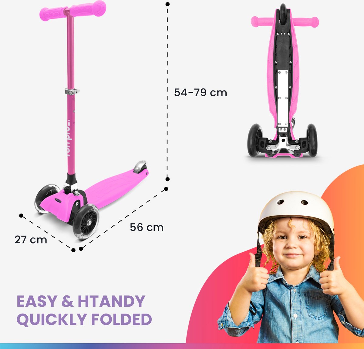 fun pro ONE Deluxe kinderstep - 3 wielen, voor kinderen van 3-6 jaar, opvouwbaar en in hoogte verstelbaar, LED-wielen, zwaartekrachtbesturing, geanodiseerd stuur, maximaal 50 kg, step voor kinderen, roze Step kopen online