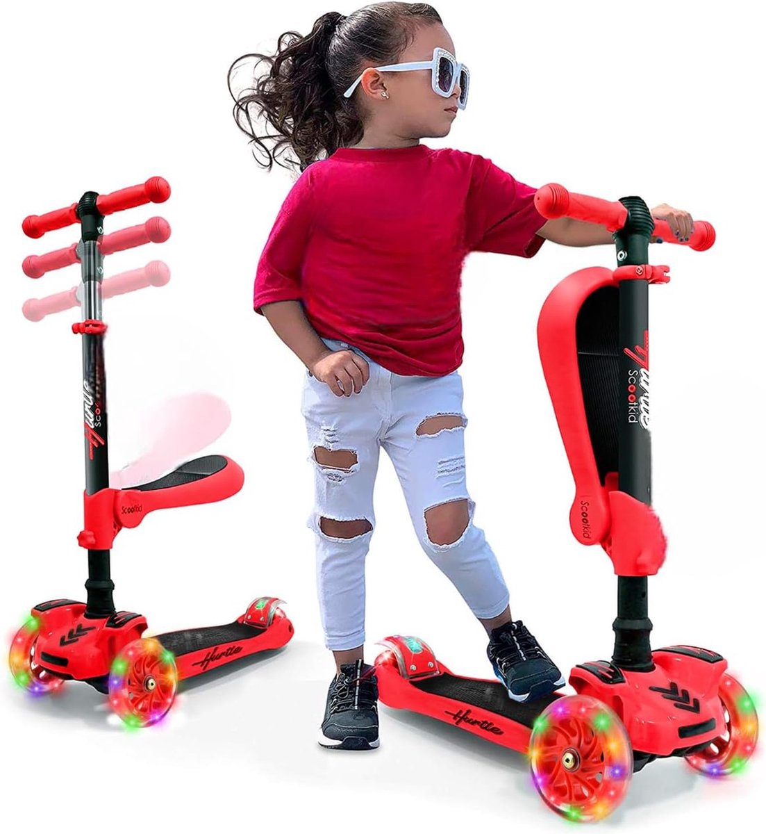 Hurtle Kinderstep, 3-wiel Step, Opvouwbare Scooter met Verstelbare Hoogte, Antislip Platform, LED Verlichte Wielen, Step voor Meisjes Step kopen online