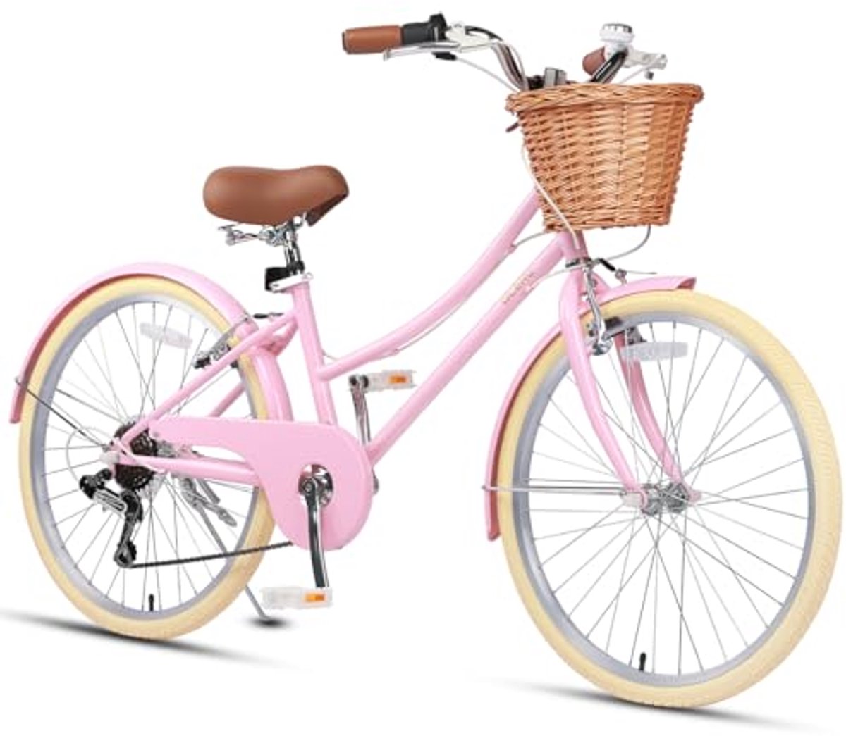 hybride stadsfiets voor kinderen met 6 versnellingen meerdere kleuren en rieten mand