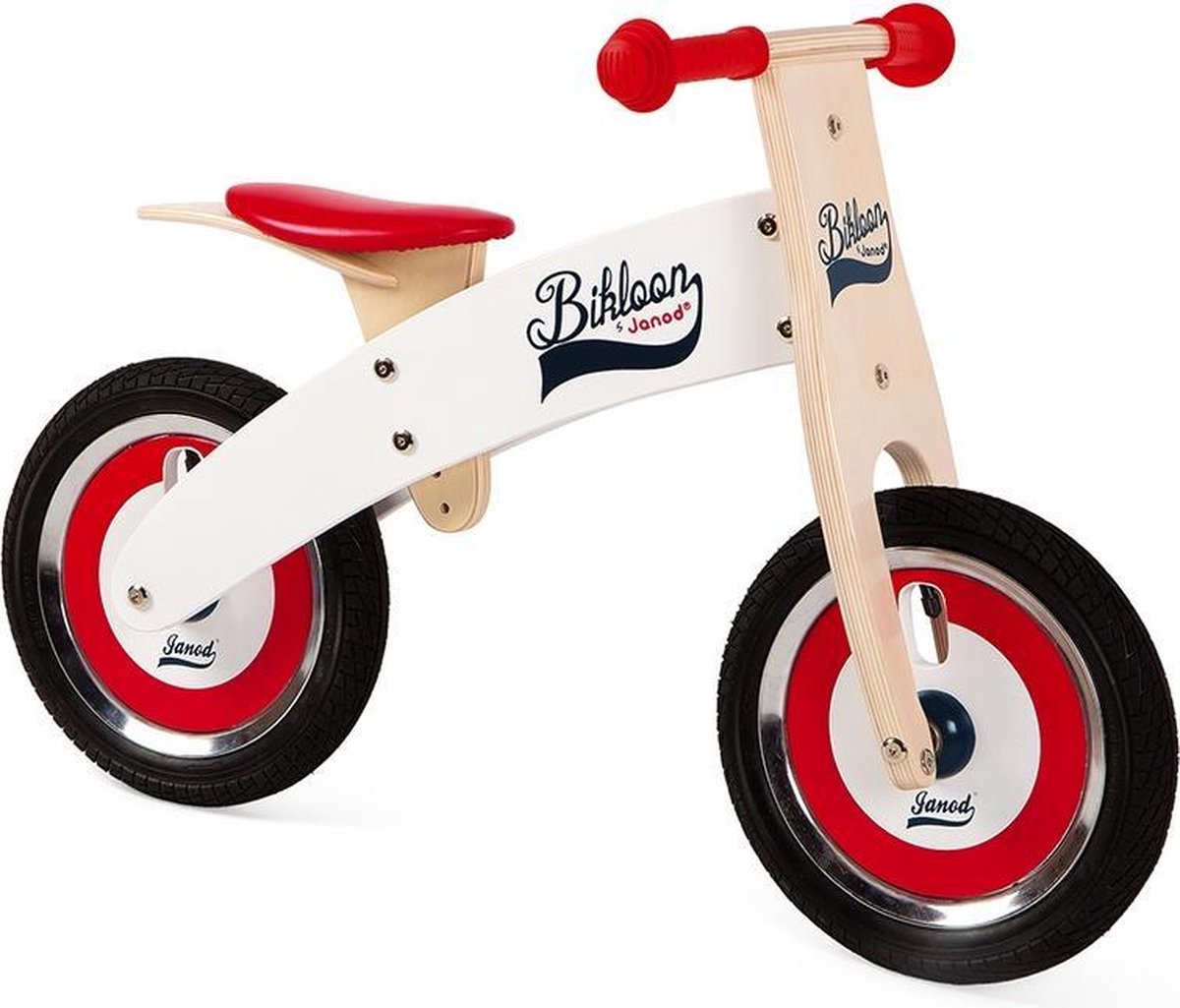janod bikloon loopfiets groot rood en wit