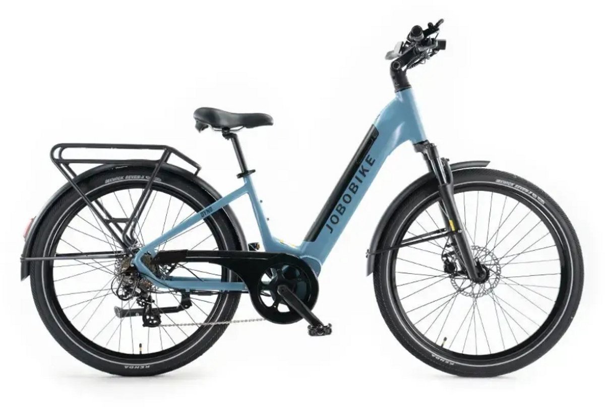 jobobike dyno elektrische fiets e bike lage instap 27 5 inch 250w motor 8 versnellingen 90 km actieradius hydraulische schijfremmen blauw