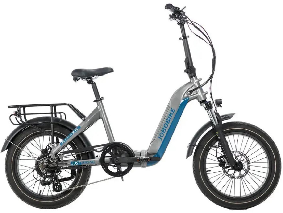 jobobike romer elektrische vouwfiets lage instap 20 inch 250w bafang motor 7 versnellingen 120 km actieradius mechanische schijfremmen grijs
