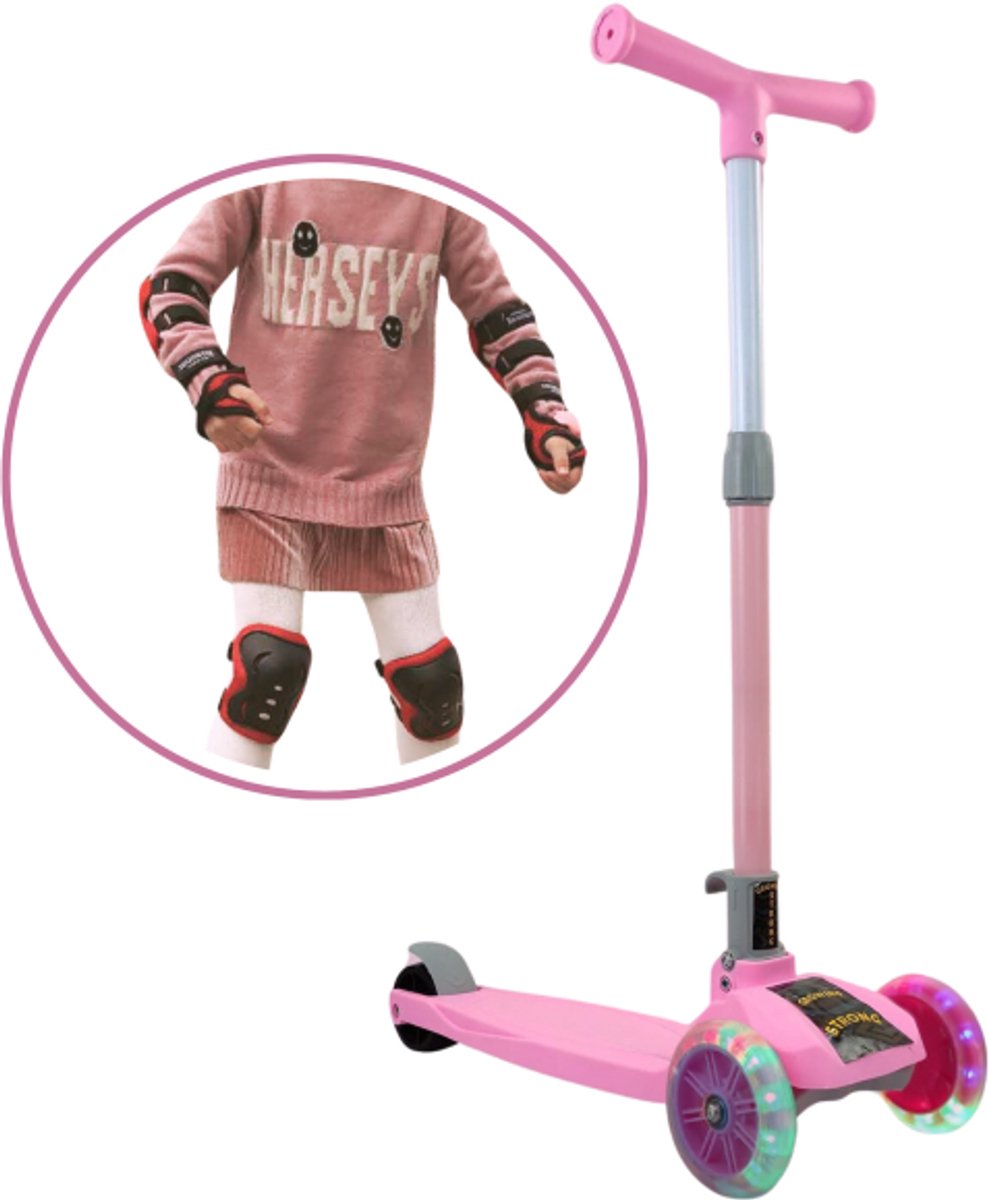 Jojoy - Kinderstep 3 Wielen - Kinder Step - Step met LED Wielen - Step met Lichtgevende Wielen - Roze - Inclusief Kniebeschermers en Polsbeschermers - FLASHRIDE Step kopen online