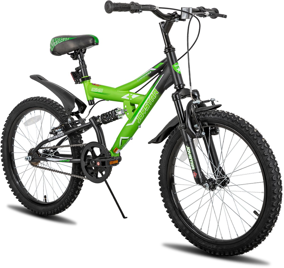Joystar Contender Full Suspension Kids Mountainbike - 20" - Handrem - Rem - Bel - Spatborden - Groen Fiets kopen online